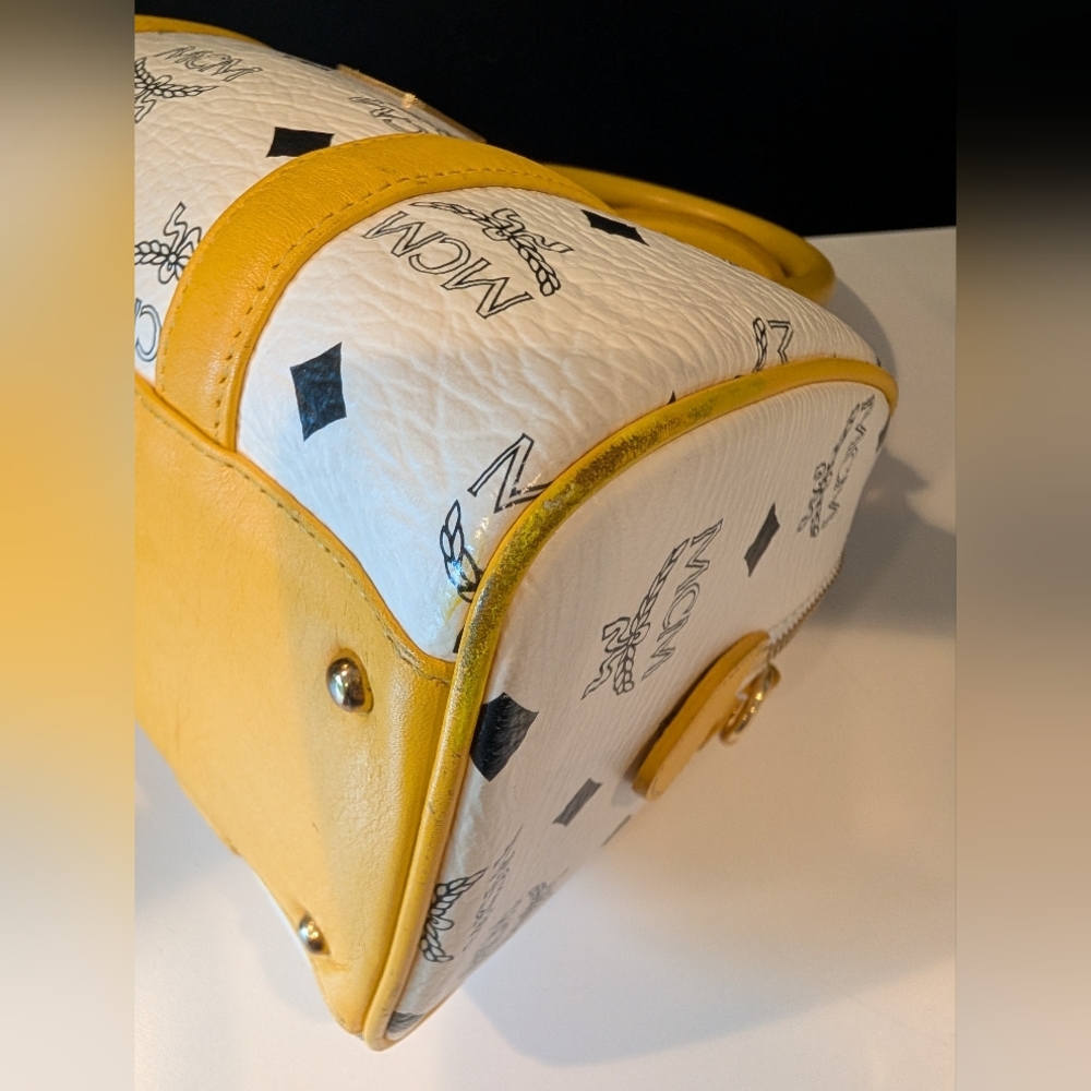 MCM White Visetos Satchel with Yellow Trim - Picture 6 of 10